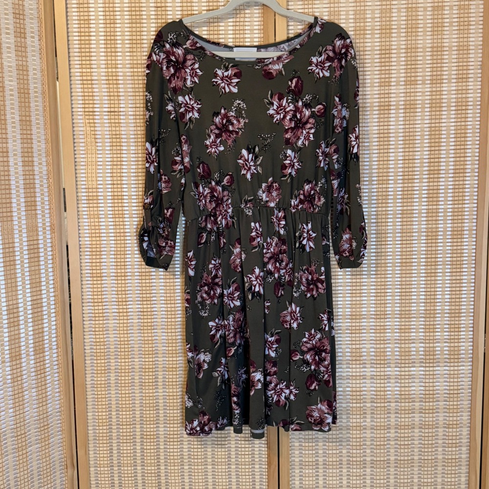 French Grey Olive Green Floral Elastic Waist Dress XXL 3/4 Sleeve Cottagecore